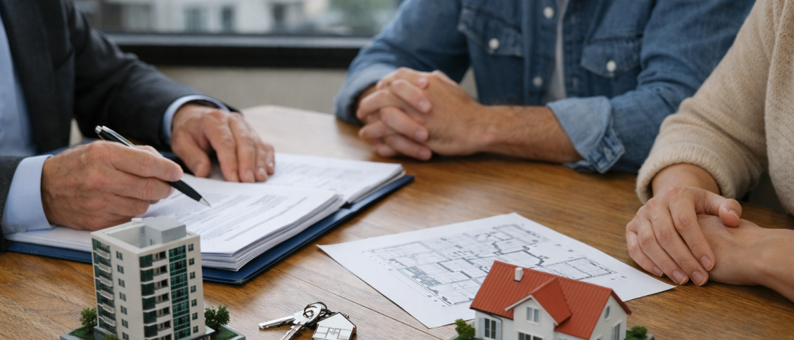 Personne signant contrat immobilier près d'une maquette et clés