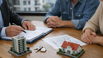 Personne signant contrat immobilier près d'une maquette et clés