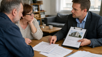 Conseiller discutant dossier immobilier avec un couple