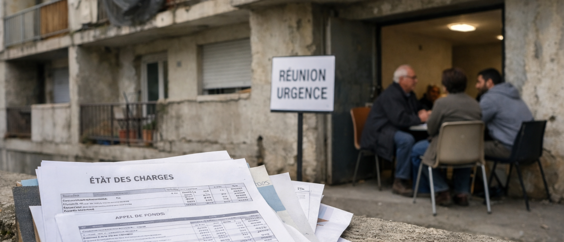 Personnes réunies devant immeuble, pile de bulletins et panneau "Réunion"