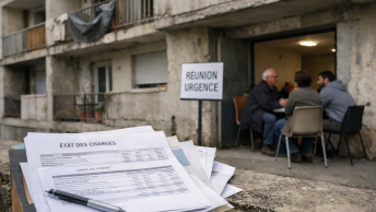 Personnes réunies devant immeuble, pile de bulletins et panneau "Réunion"