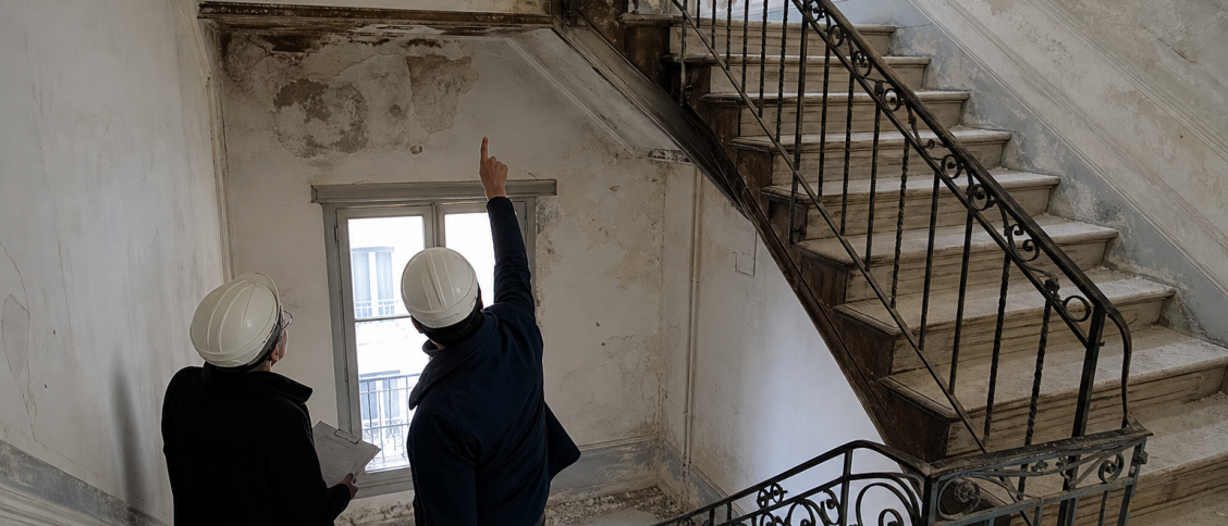Deux ouvriers casqués pointant un escalier en fer