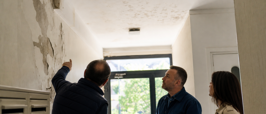 Trois personnes inspectent un plafond taché et fissuré