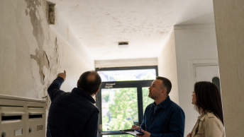 Trois personnes inspectent un plafond taché et fissuré